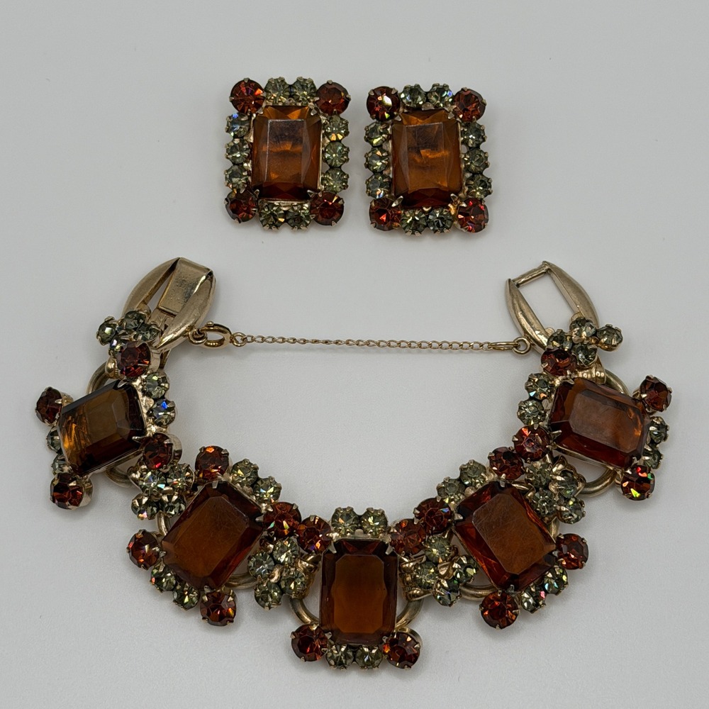 Juliana Elster & DeLizza VTG Smoky Topaz Rhinestone Bracelet and Earrings Set - Picture 1 of 16